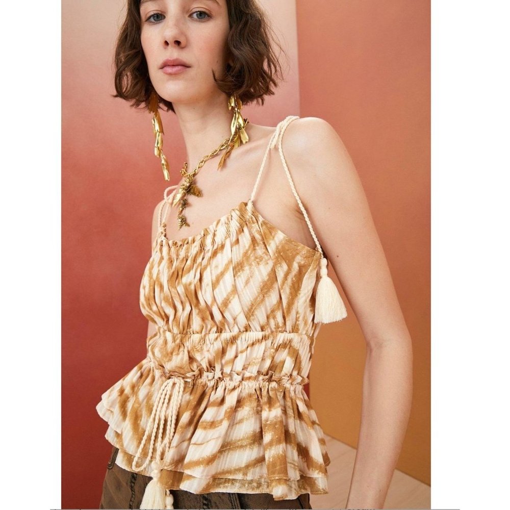 ULLA JOHNSON Rio Tie Dye Tassel Crop Tank Top Sand Size 2